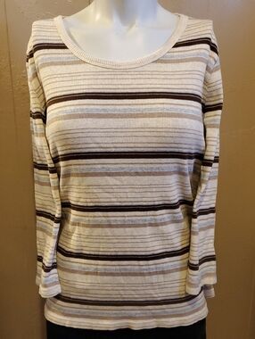 Women's Striped Rib-Knit 3/4 Sleeve Tee - Cream, Brown, Tan & Light Gray